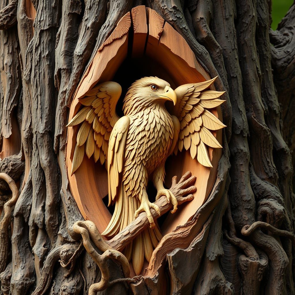 Intricate Carving of an Eagle Emerging from Tree Trunk