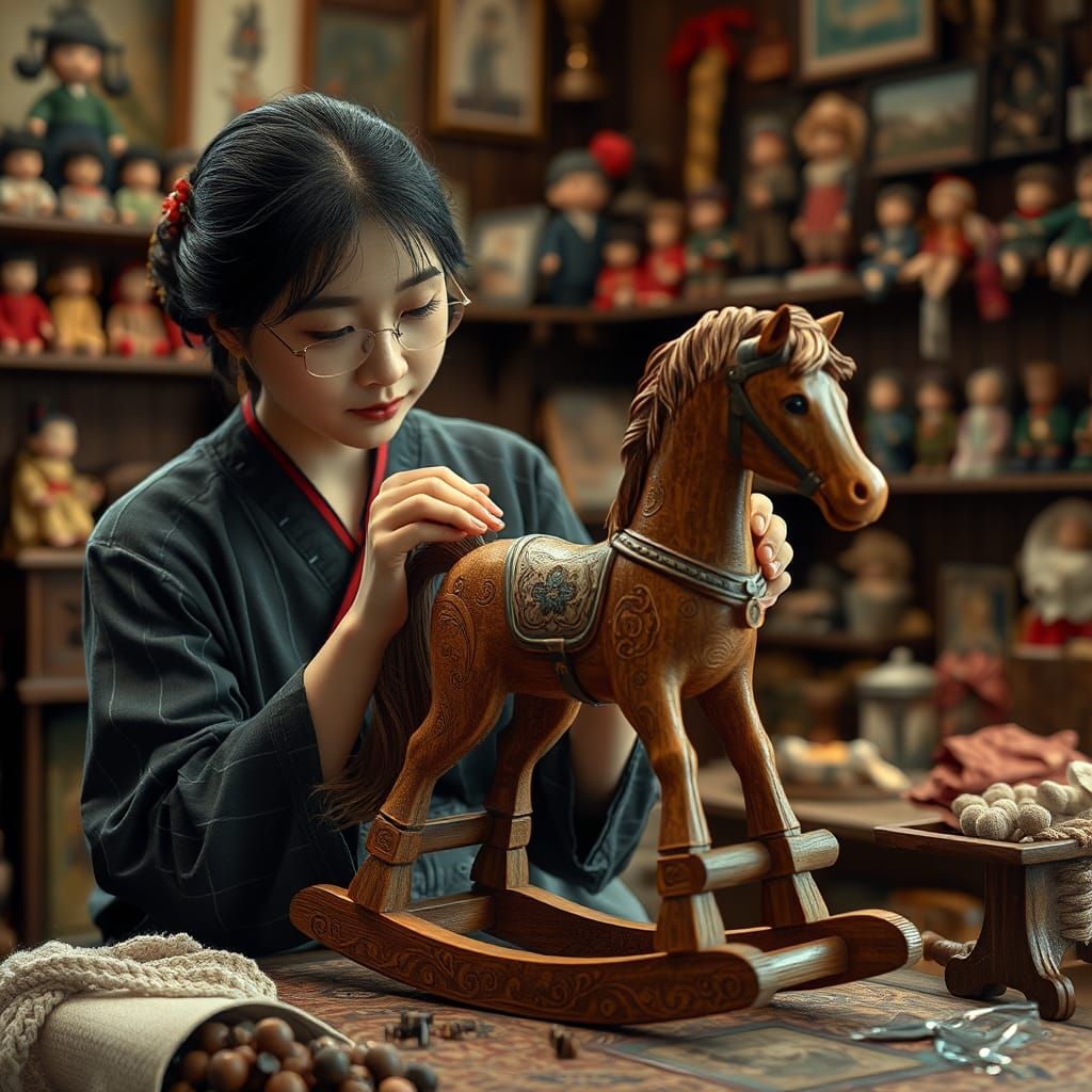 Japanese Woman Repairs Toy Rocking Horse as Renaissance Pain...
