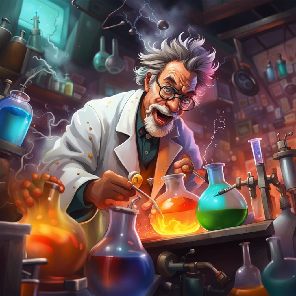 Mad Scientist's Lab: Hyperrealistic Splash Art Concept
