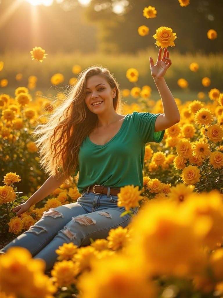 Stunning Woman Surrounded by a Sea of Yellow Roses