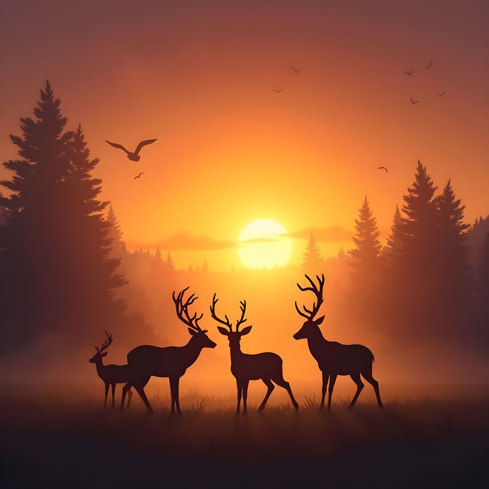 Serene Family of Deer Silhouetted Against Vibrant Sunrise
