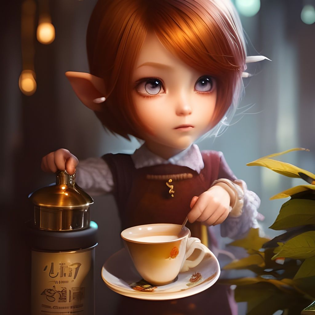 Chibi Elf Pours Coffee: Digital Illustration