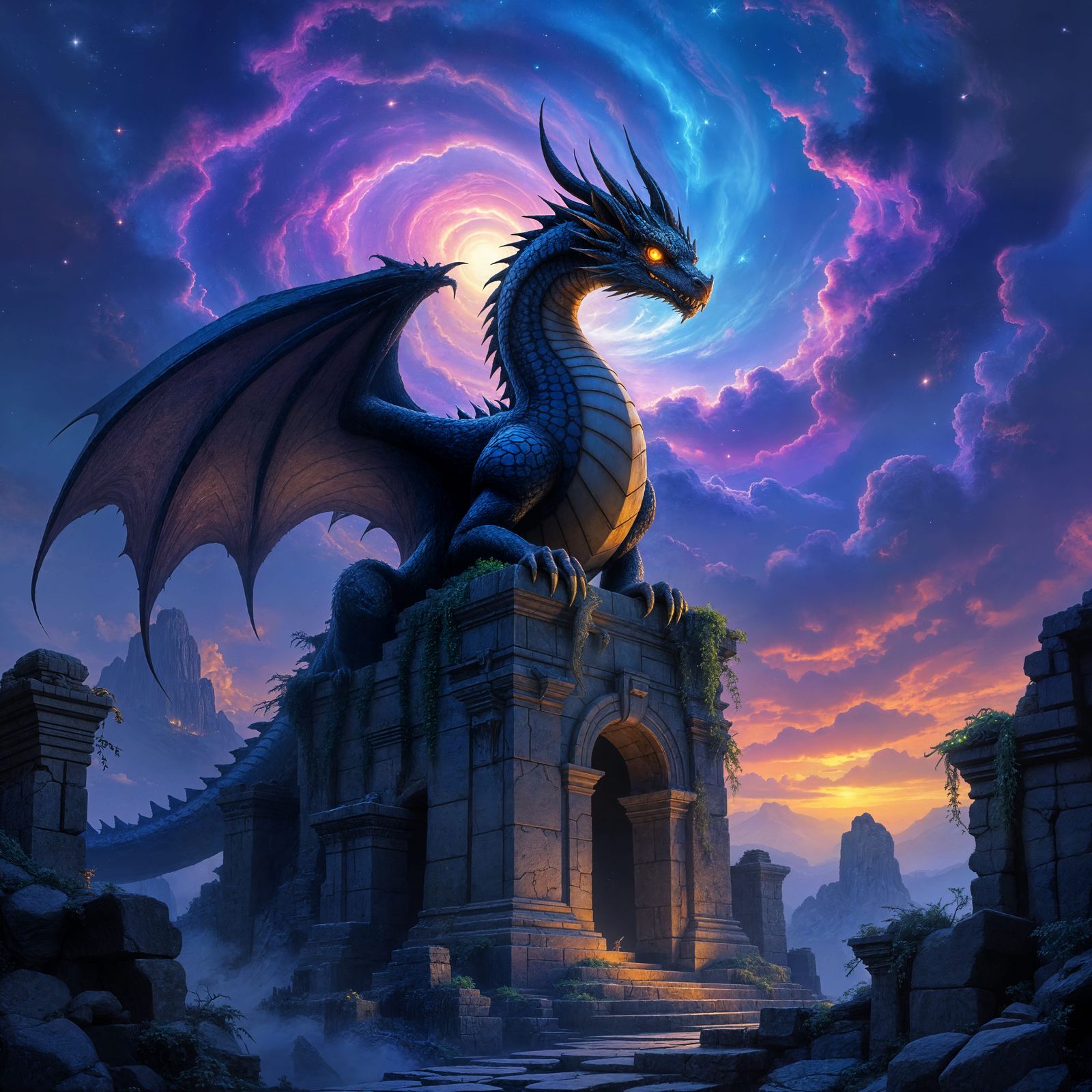 Ancient Obsidian Dragon on Ruins Under Nebula Sky