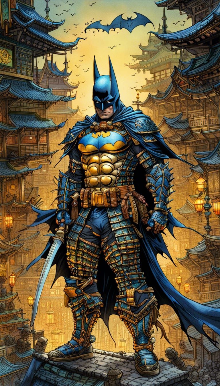 Samurai Batman in Watercolor with Golden Outlines
