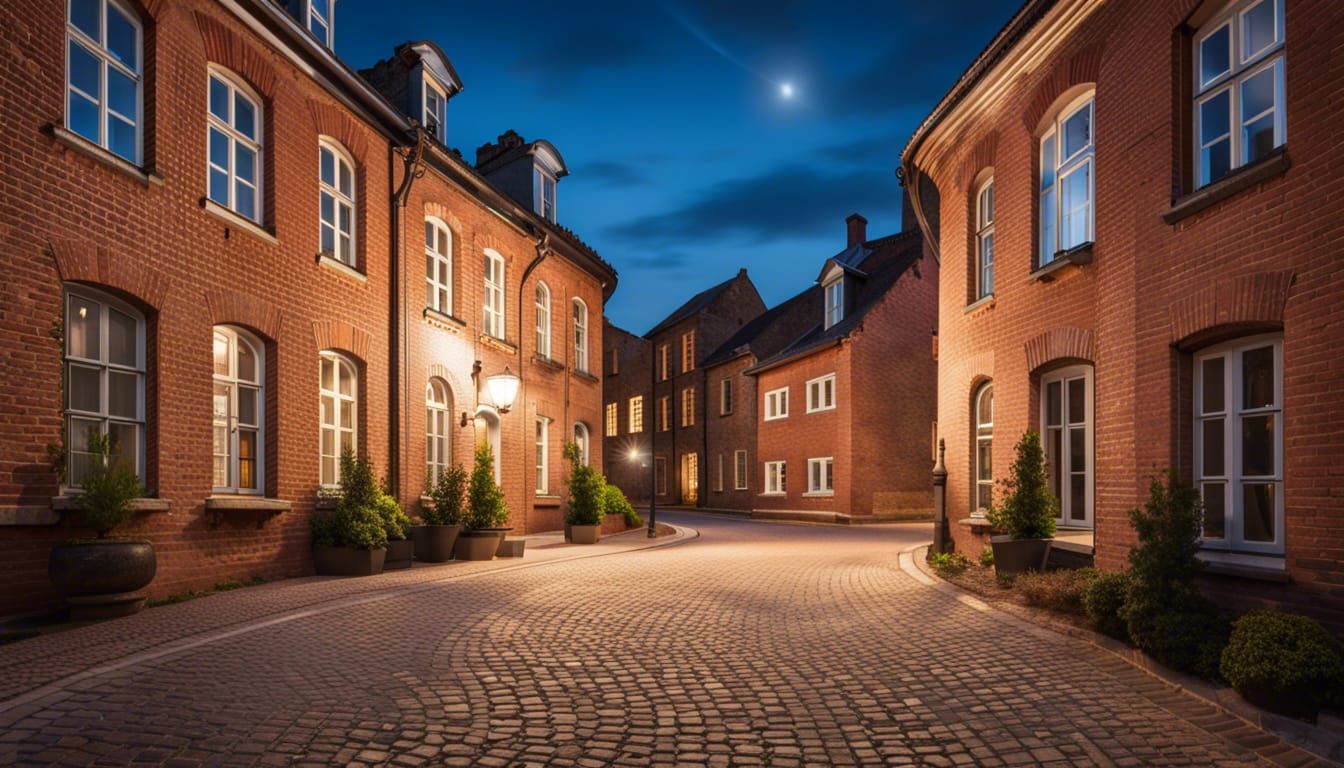 Historic Brick House in European Town at Night