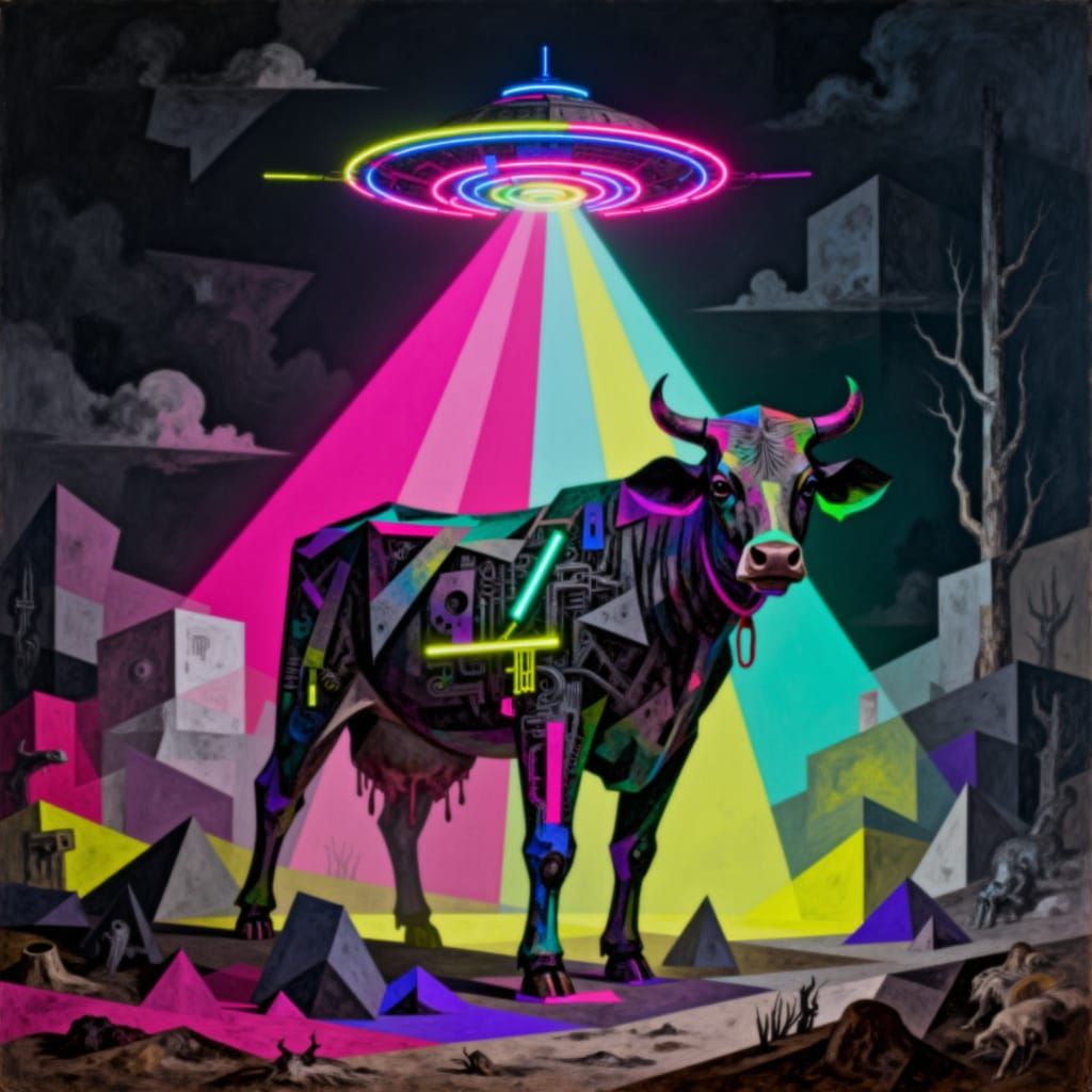 Wicked UFO Abducts Cow in Abstract Style