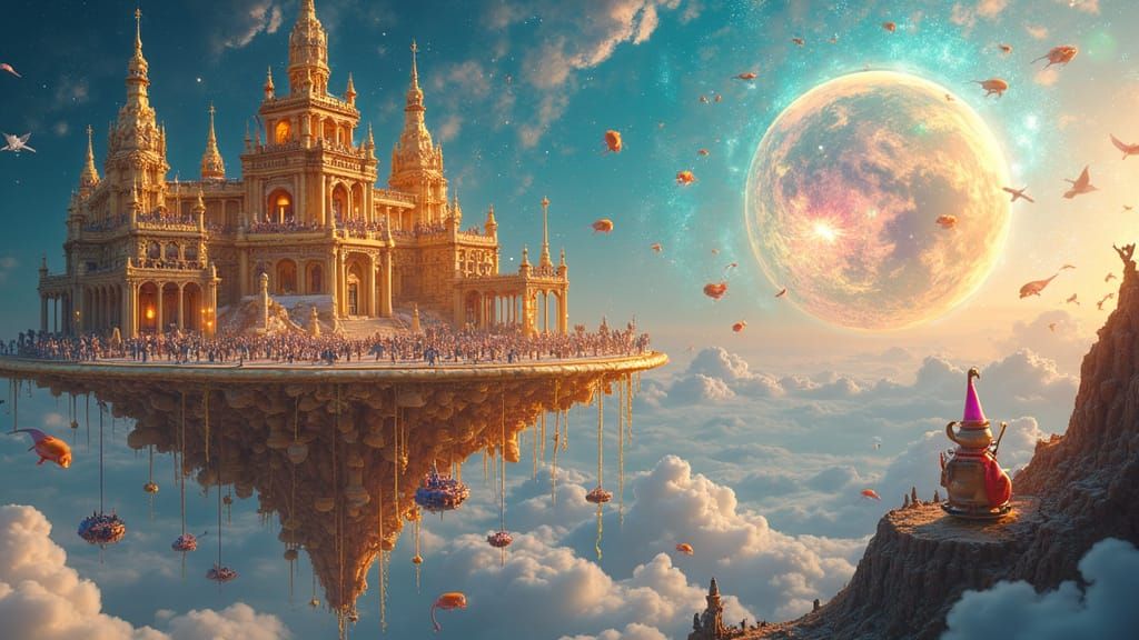 Ethereal Steampunk Paradise with Crystal Island and Luminous...