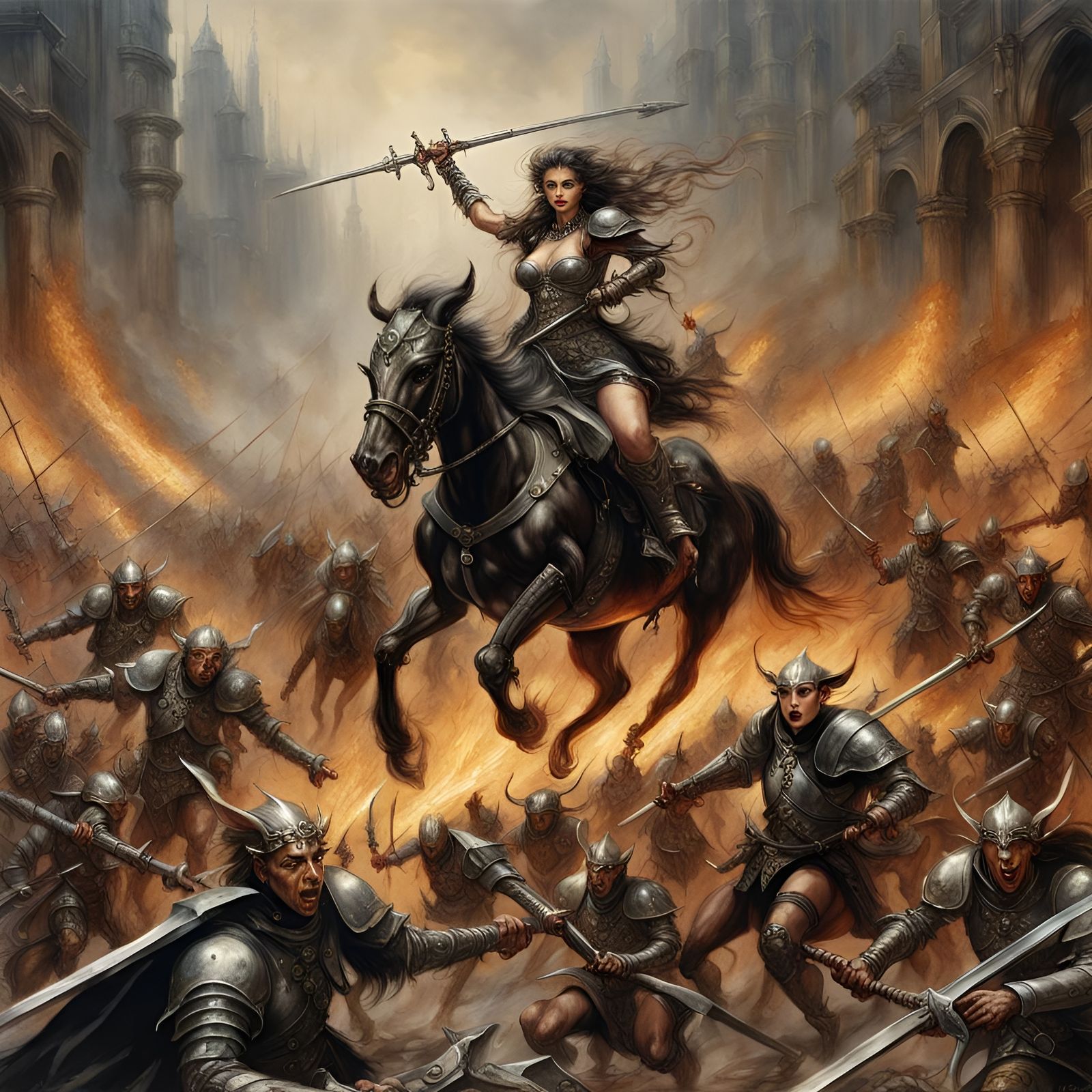 Cavalry Charge Against Goblin Horde in Dark Fantasy Style