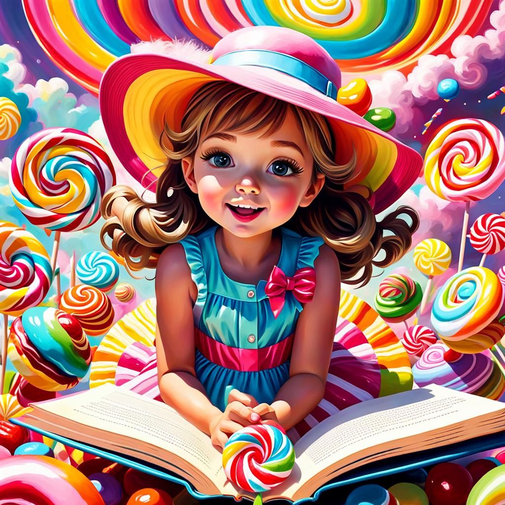 Girl Flies on Book Through Candy Vortex as Oil Painting