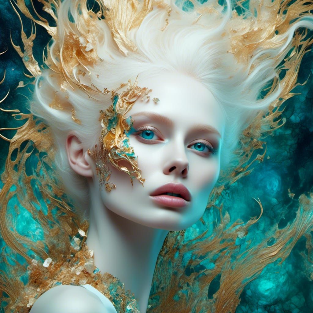 Iridescent Portrait of Albino Woman in Mixed Media Style