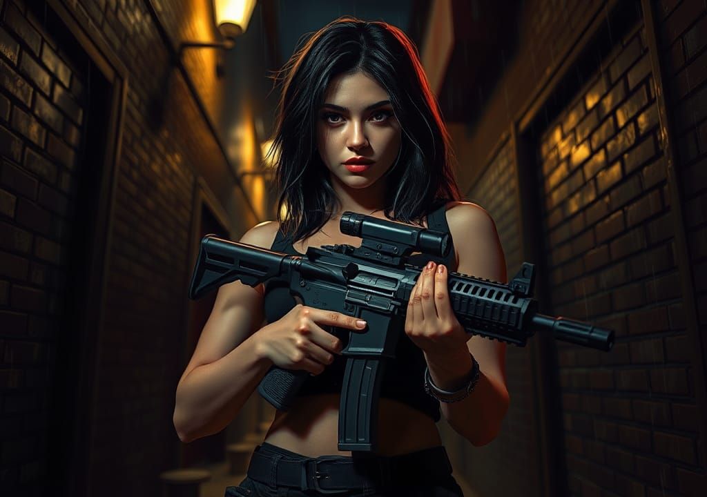 Film Noir Assassin in Rainy Urban Alley