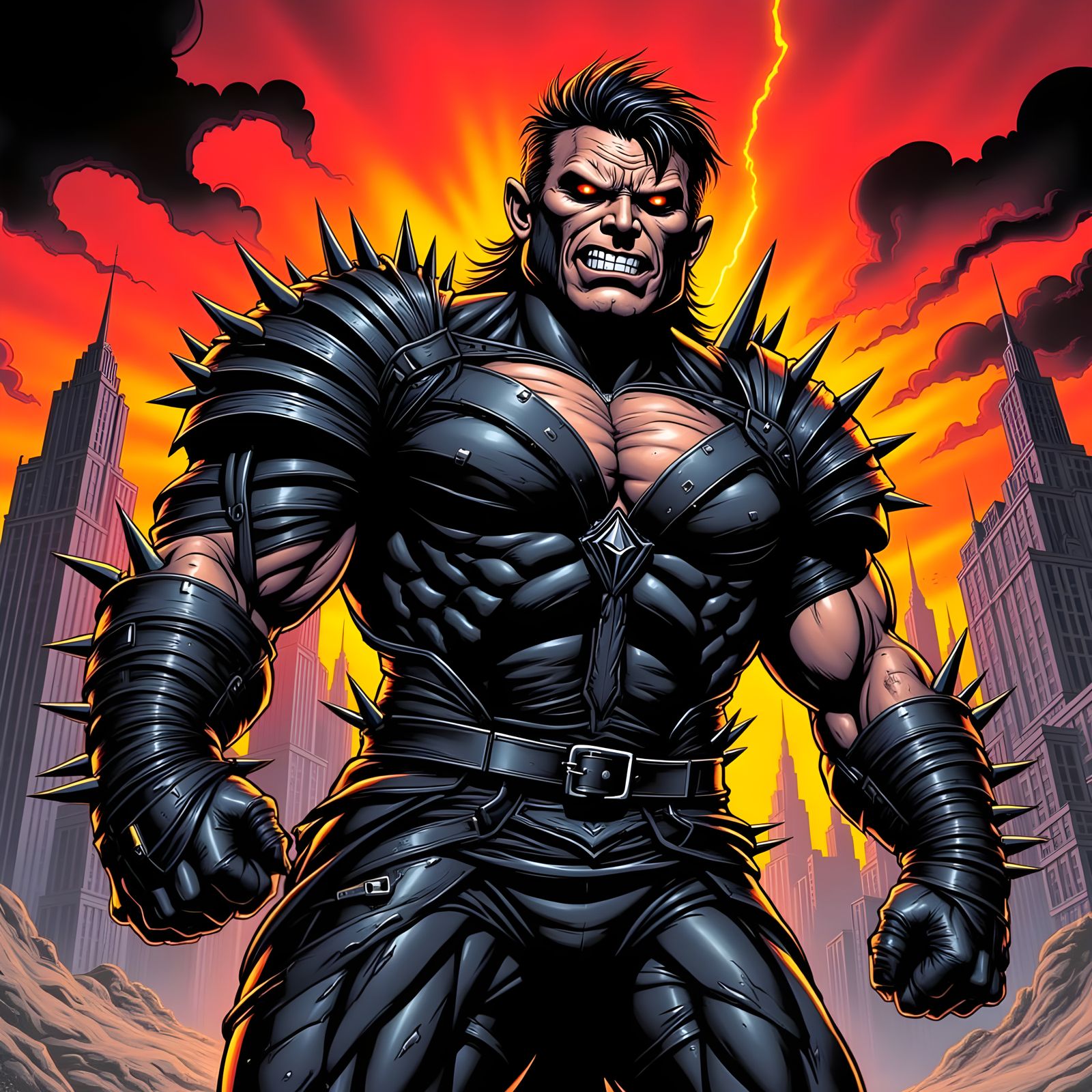 Furious Super Villain in Dark Gothic Cityscape