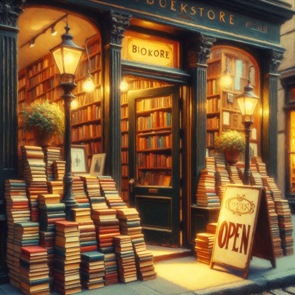 Whimsical Bookstore Scene in Impressionistic Oil Painting St...
