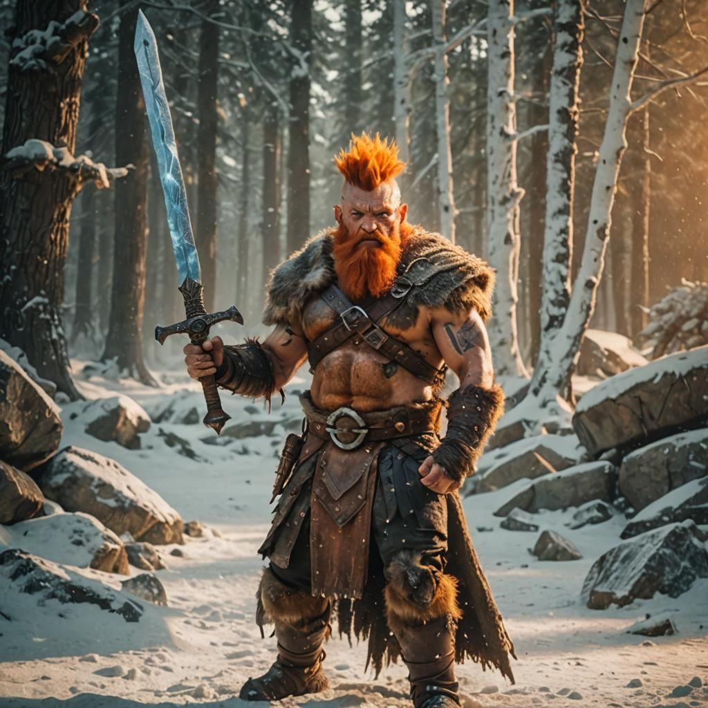 Dwarven Barbarian with Ice Sword: Cinematic Film Still