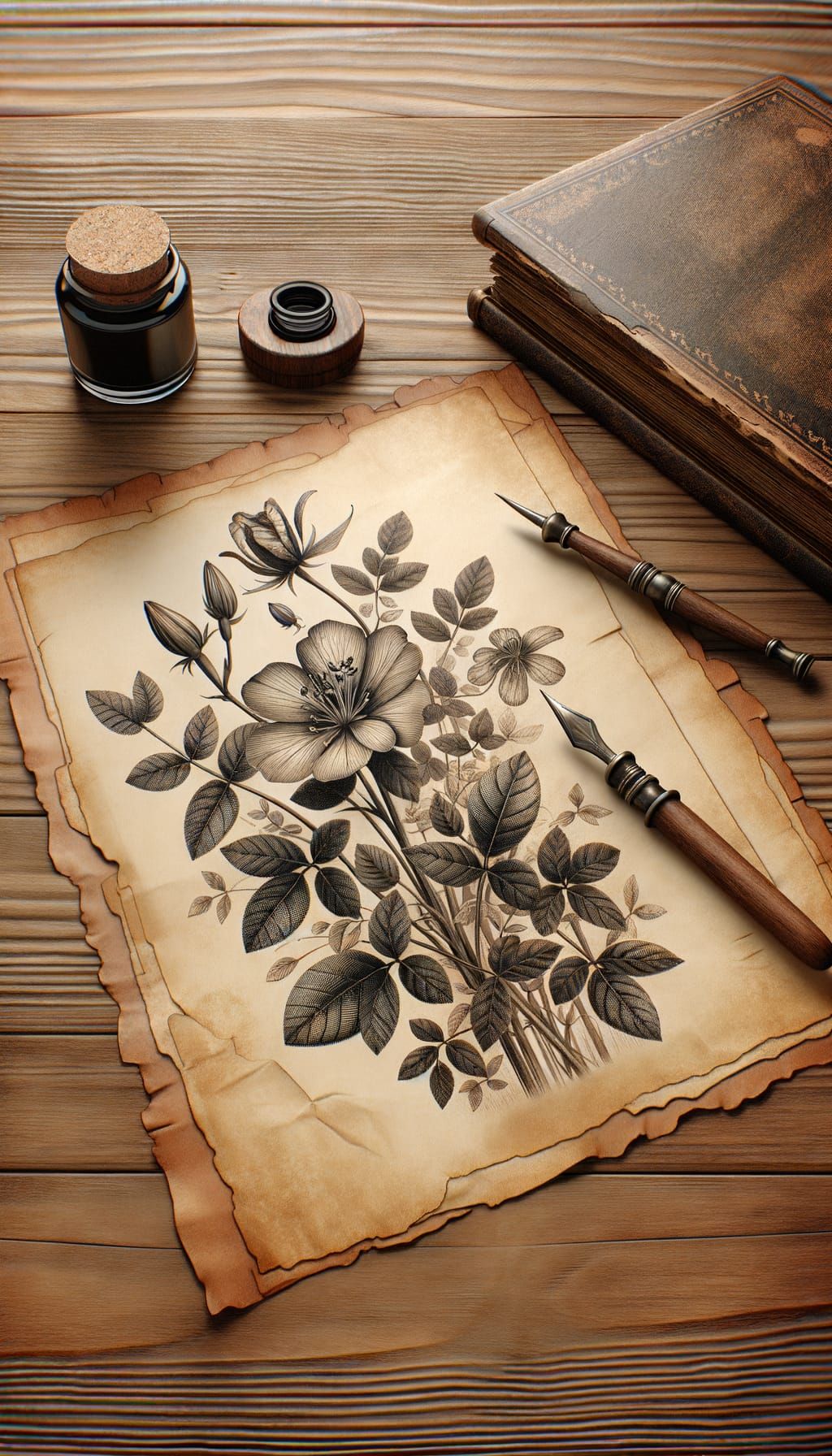Detailed Vintage Botanical Ink Drawing on Parchment