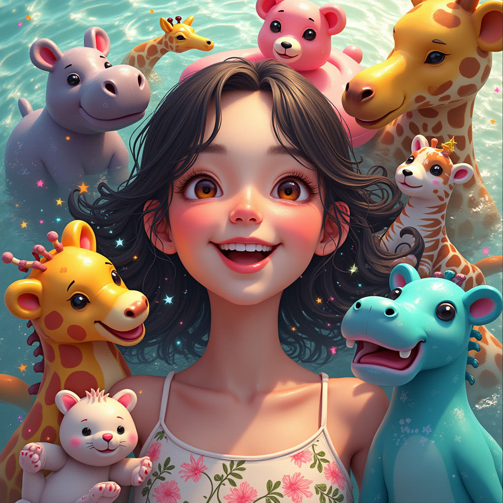 Girl with Halo of Pool Toys, Splash Art Style