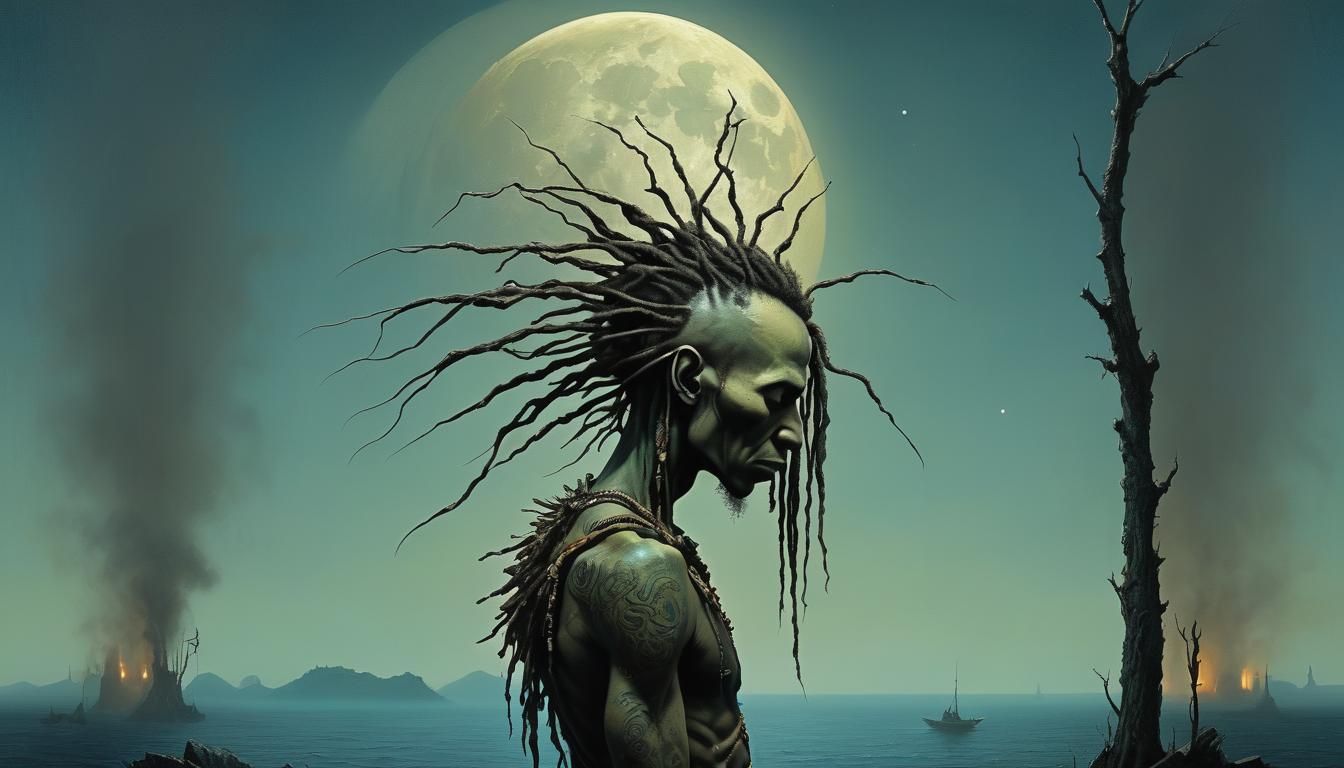 Stick Figure with Dreadlocks Under the Moon