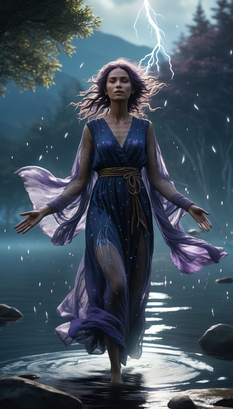 Ethereal Female Druid Levitates Above Calm Lake in Cyberpunk...