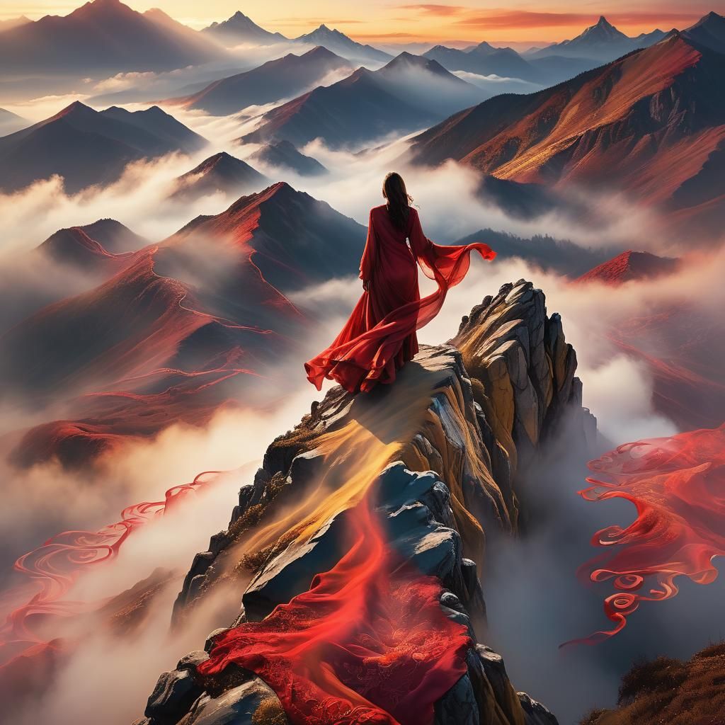 Woman in Red Silk on Misty Peak: Art Nouveau Oil Painting