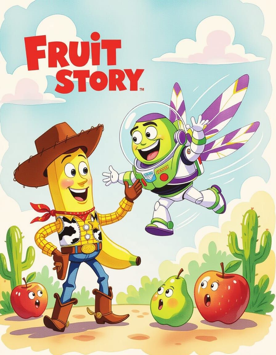 Whimsical Fruit Toy Story Poster in Watercolor