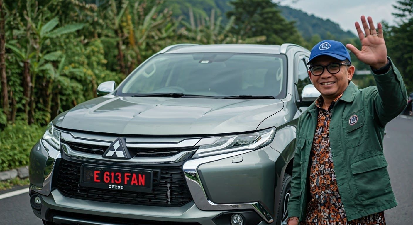 Indonesian Man in Modern Car, Tangkuban Perahu Background