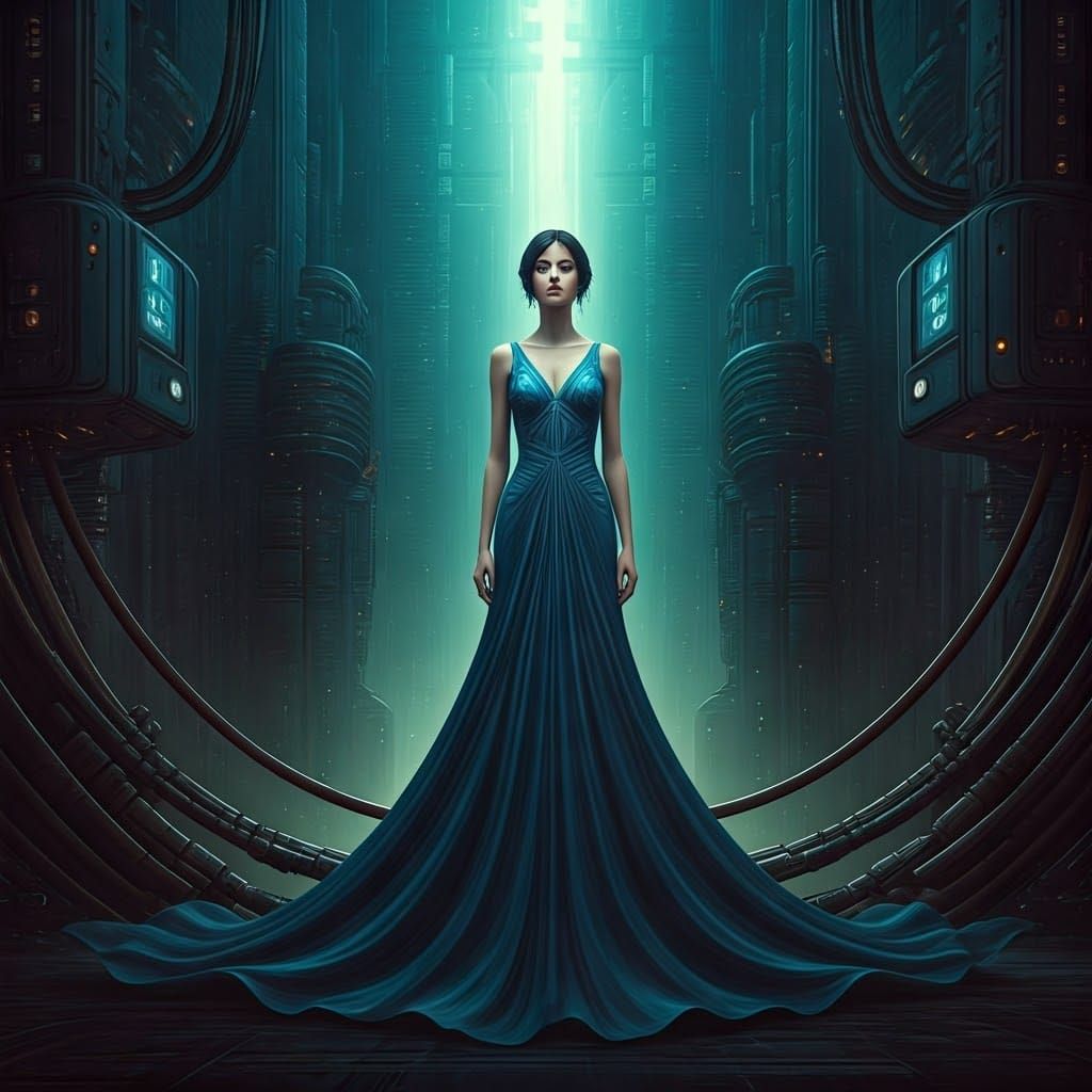Elegant Woman in a Futuristic Cityscape