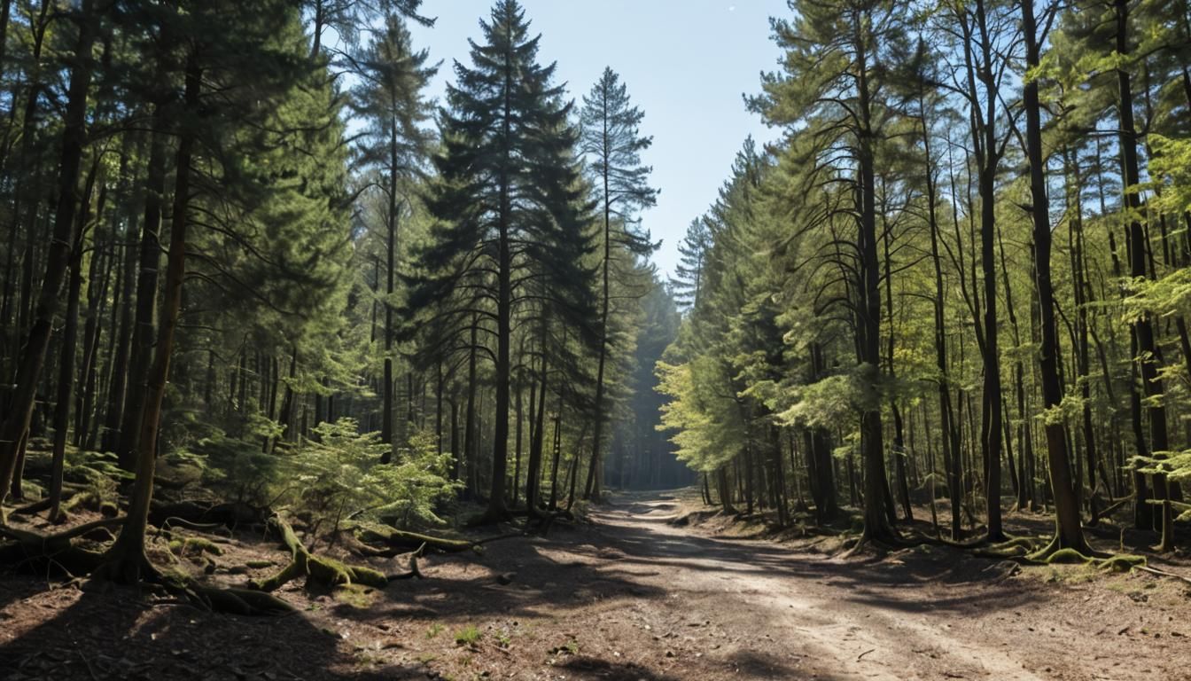 Sunlit Road Through Forest in Barbizon Style