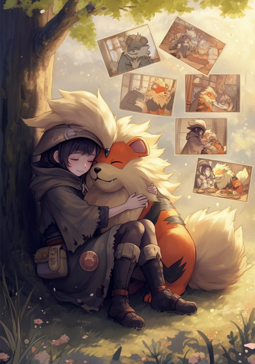 Woman and Growlithe Embrace: Anime Watercolour Art