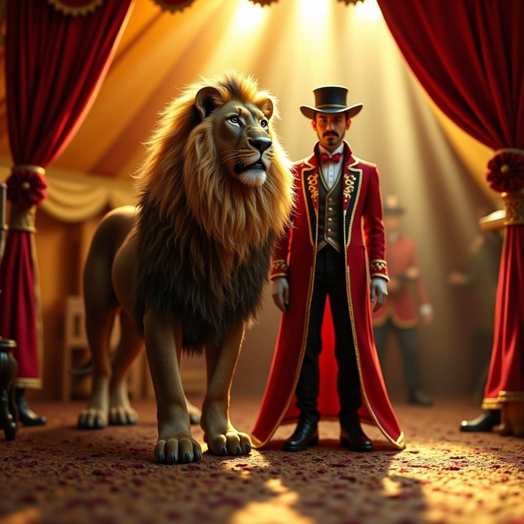 Majestic Lion and Trainer in Vintage Circus Tent