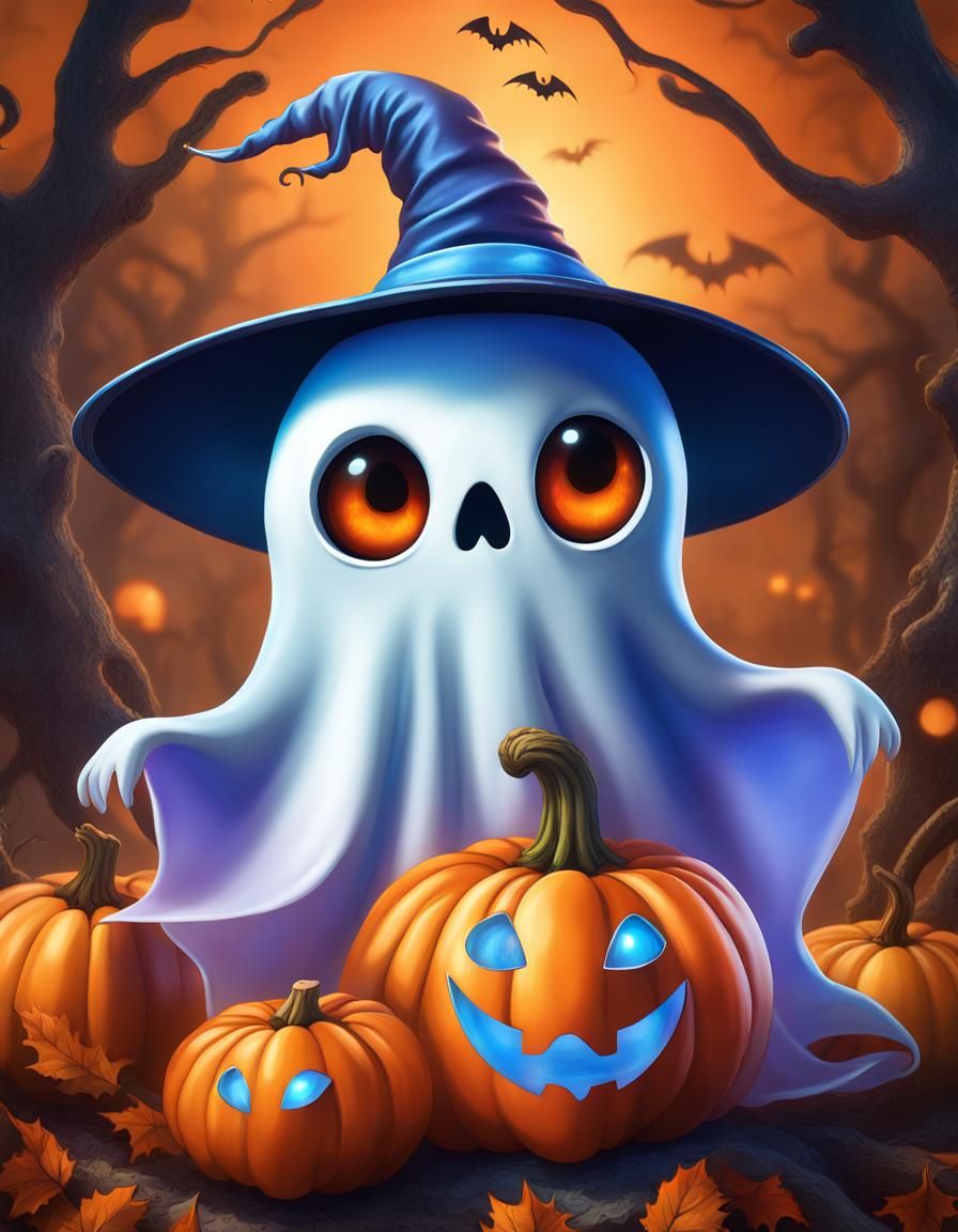 Cute Ghost with Witch Hat and Pumpkins