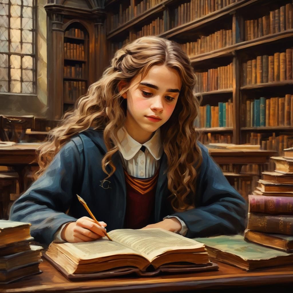 Hermione Granger Studying in Hogwarts Library as Impasto Pai...