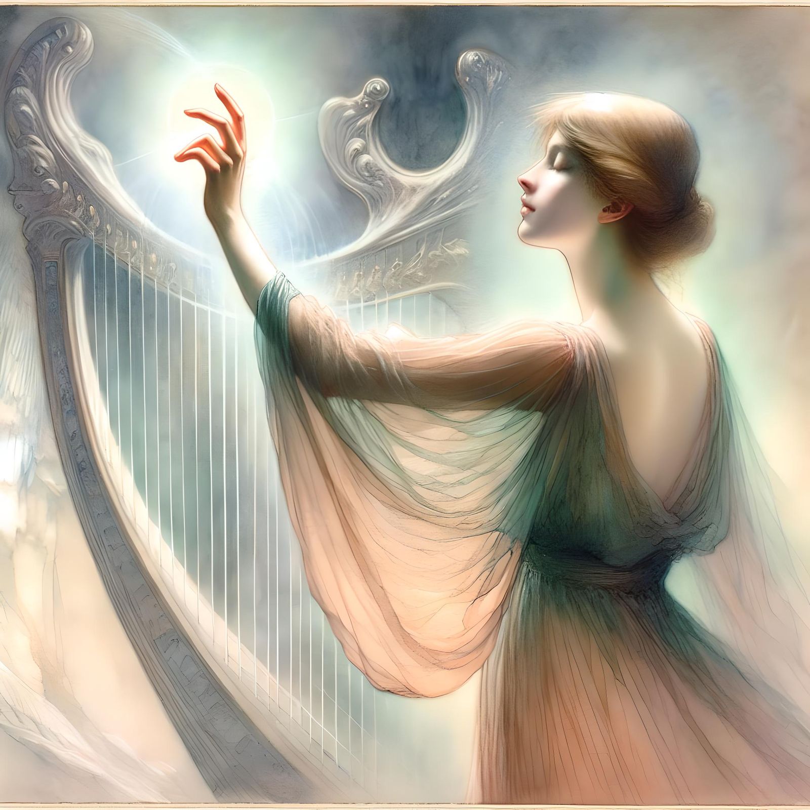 Ethereal Harpist: A Symbolist Watercolor Dream