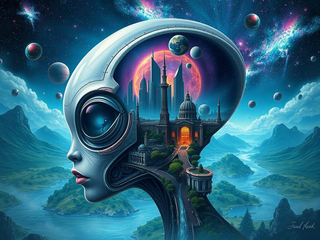 Surreal Cosmic Cityscape within an Alien's Brain