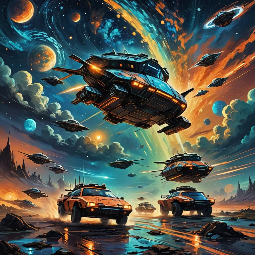 Futuristic Vehicles Under Starry Sky in Van Gogh Style