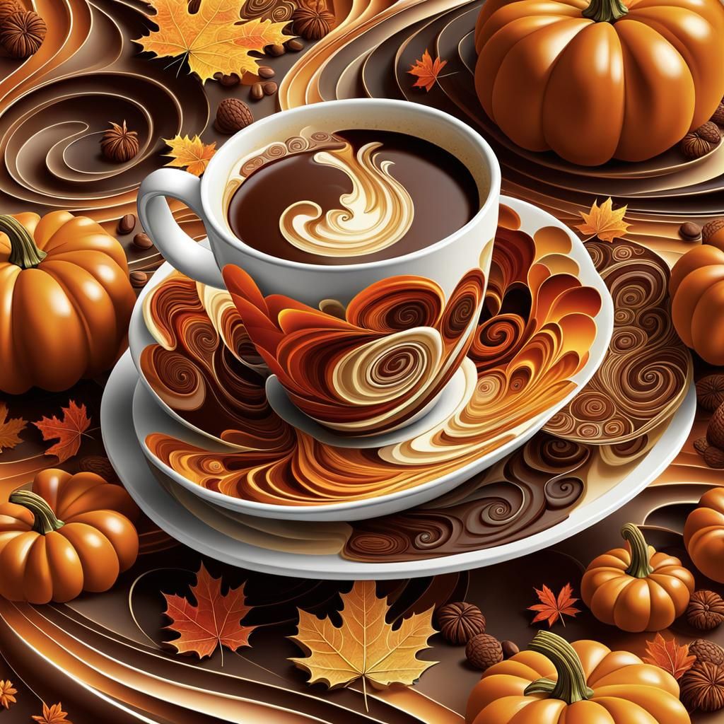 Autumnal Coffee Cupcake Dreams in Whimsical Fractal Style