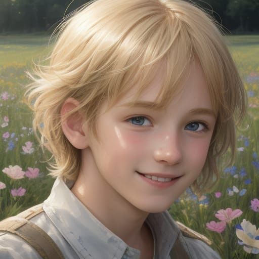 Watercolor Painting of a Blond Boy in Flower Field