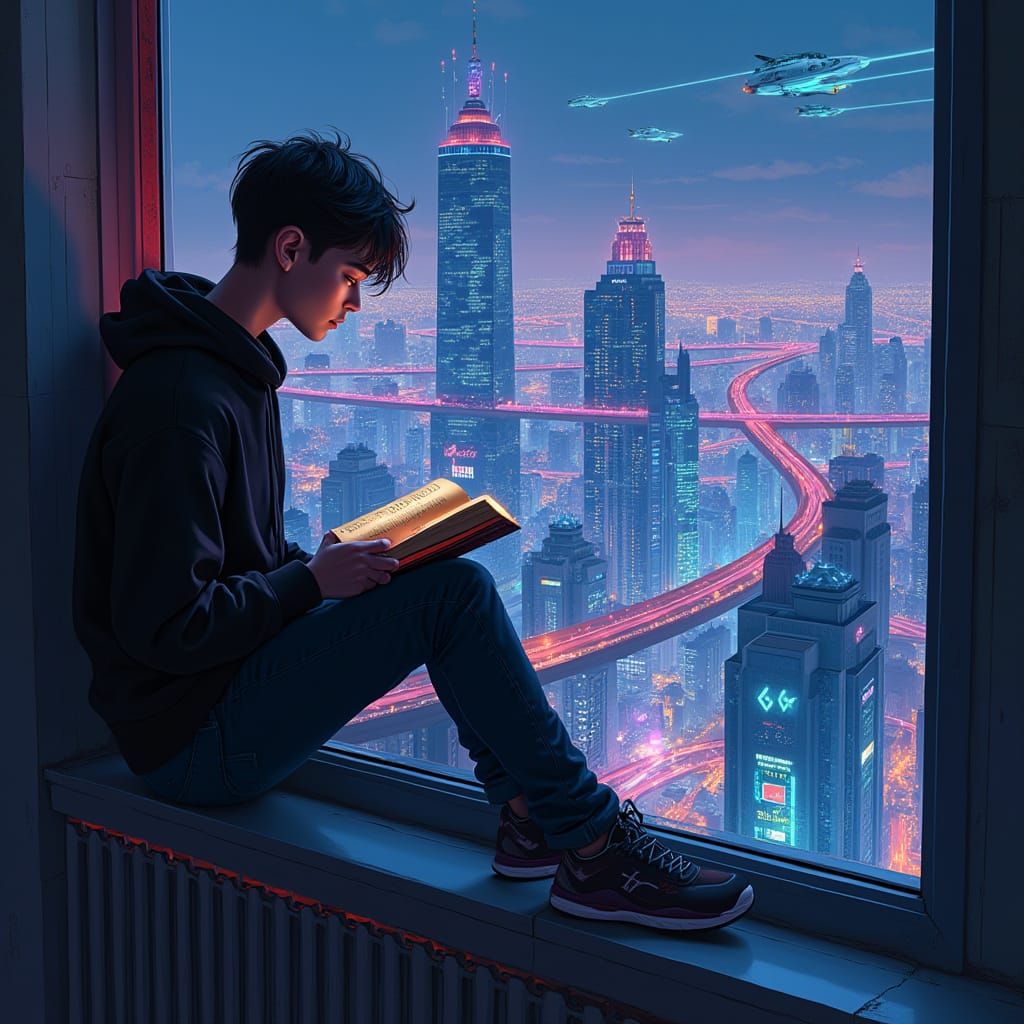 Teenage Boy Contemplates Cyberpunk Cityscape at Night