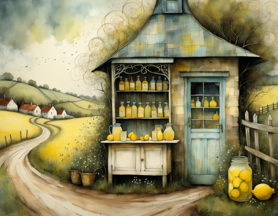 Enchanted Lemonade Stand in Swedish Folk Art Style