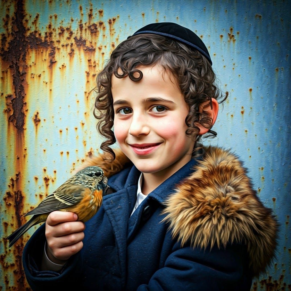 Hasidic Boy in Smoky Grunge Scene with Bird