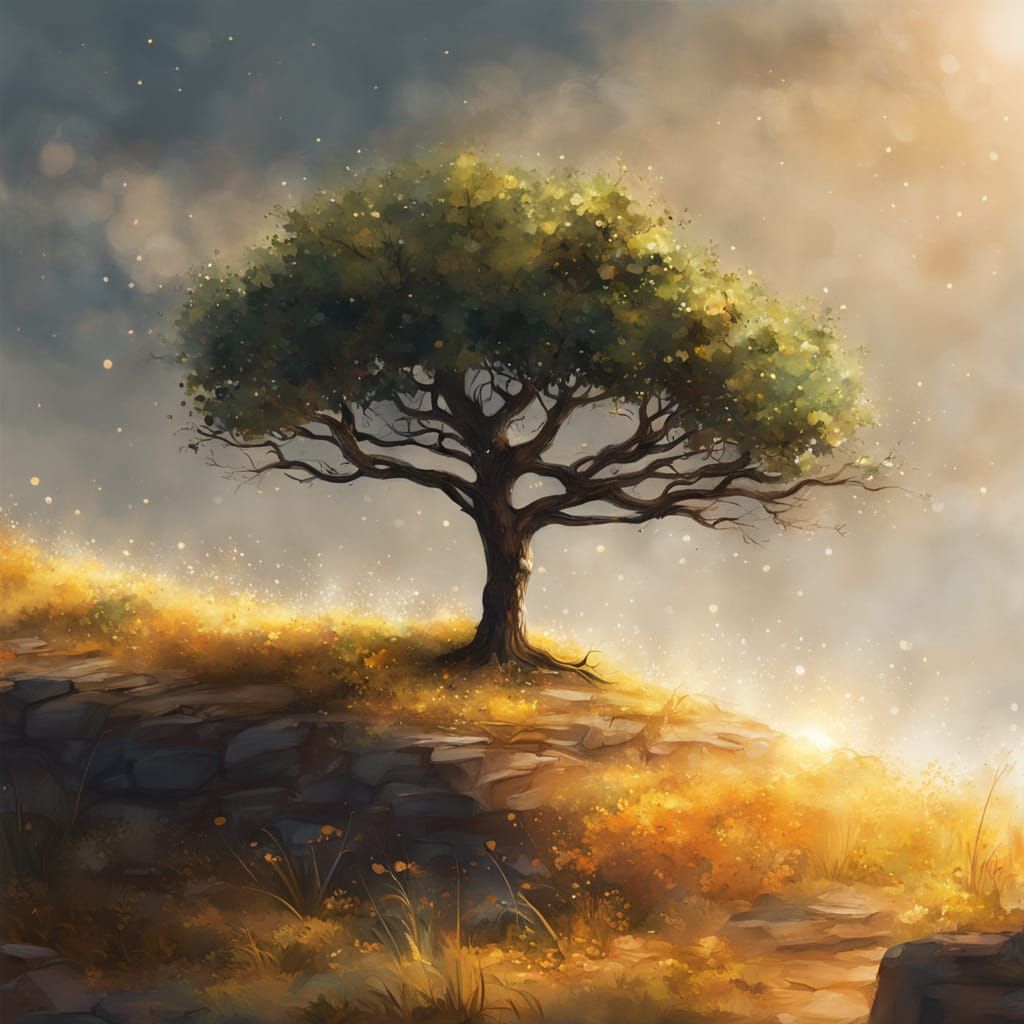 Lone Tree on Cliff Edge in Golden Light