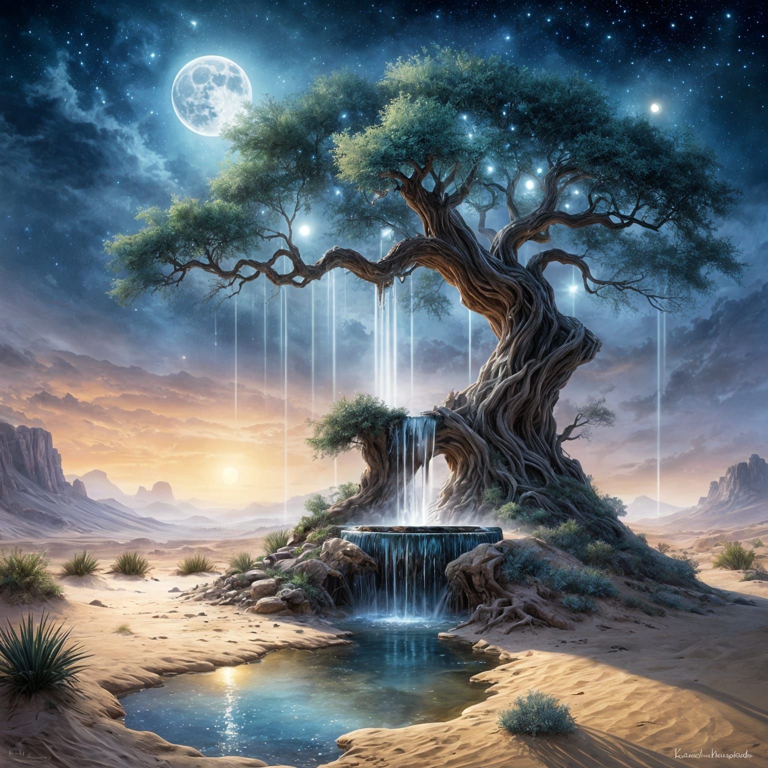 Desert Fountain with Starlight Gems, Ethereal Fantasy