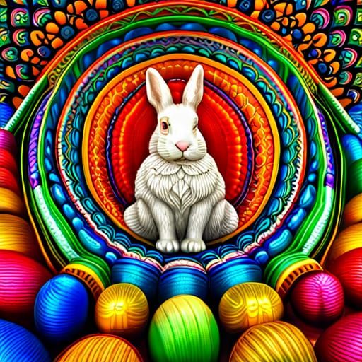 Bunny Surrounded by Intricate Ukrainian Easter Eggs
