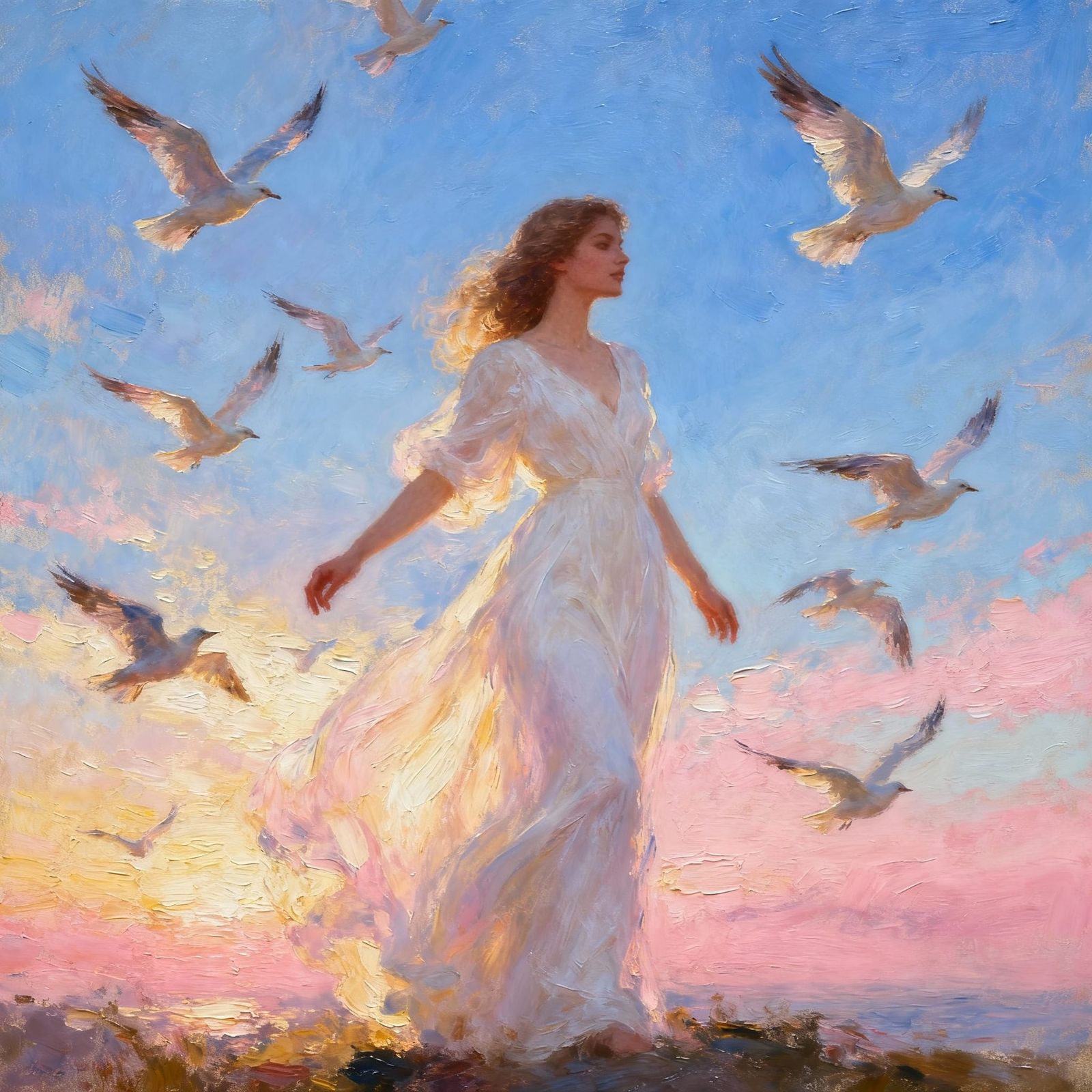 Woman in White Dress in Golden Hour Light