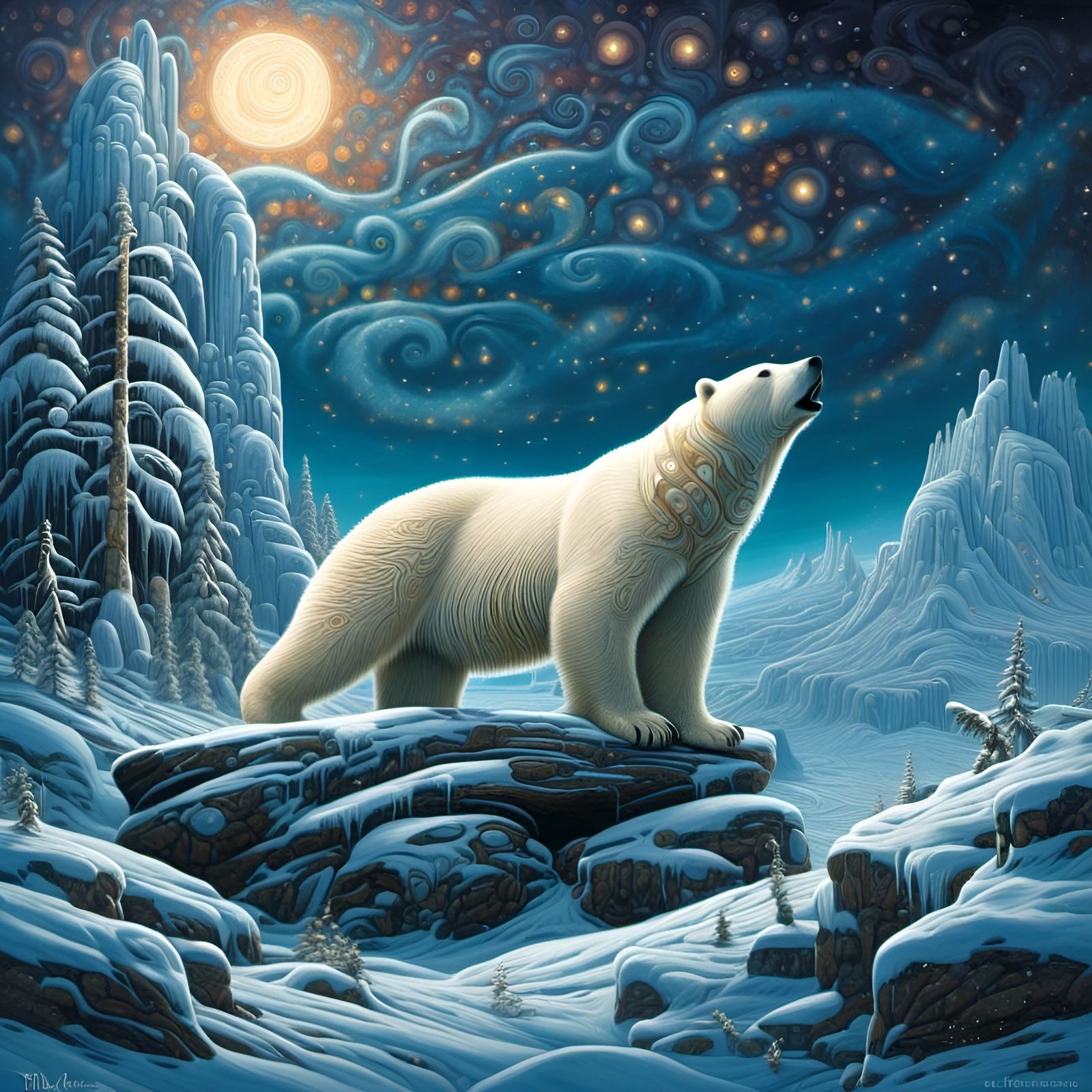 Polar Bear with Inukshuk on Moonlit Tundra
