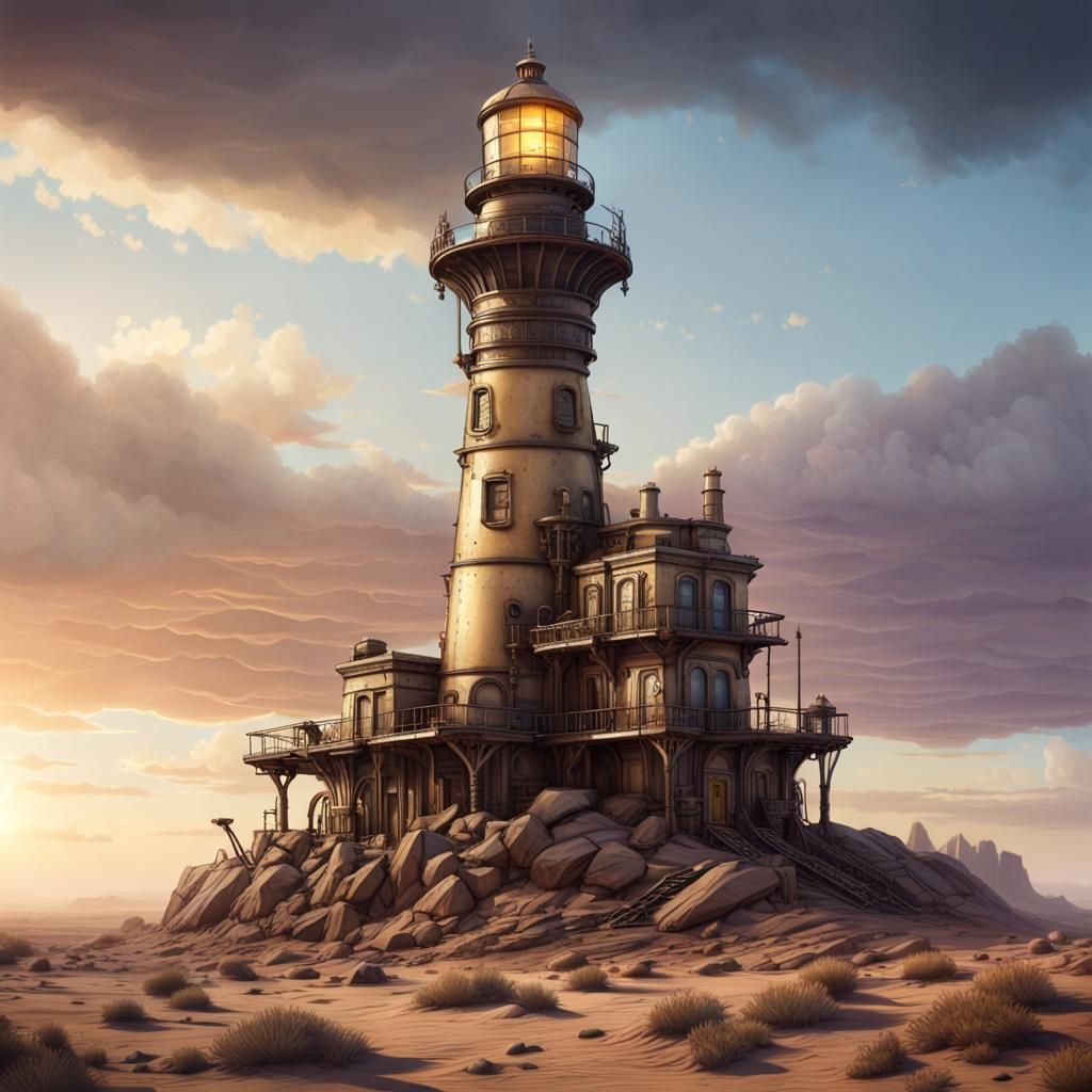 Steampunk Lighthouse in Barren Desert, Cinematic Realism