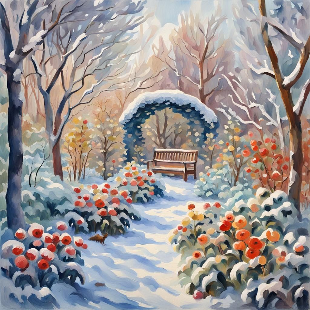 Winter Garden in Gouache Watercolor Style