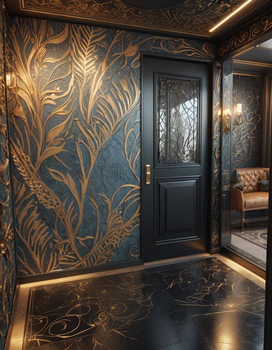Modern Entrance with Black Wallpaper in Detailed Matte Paint...