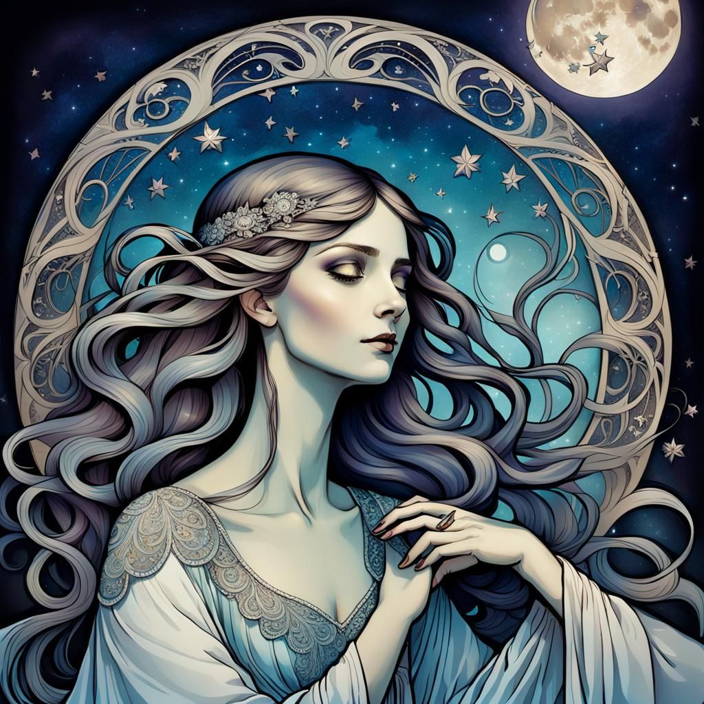 Dreamy Night Portrait in Art Nouveau Style
