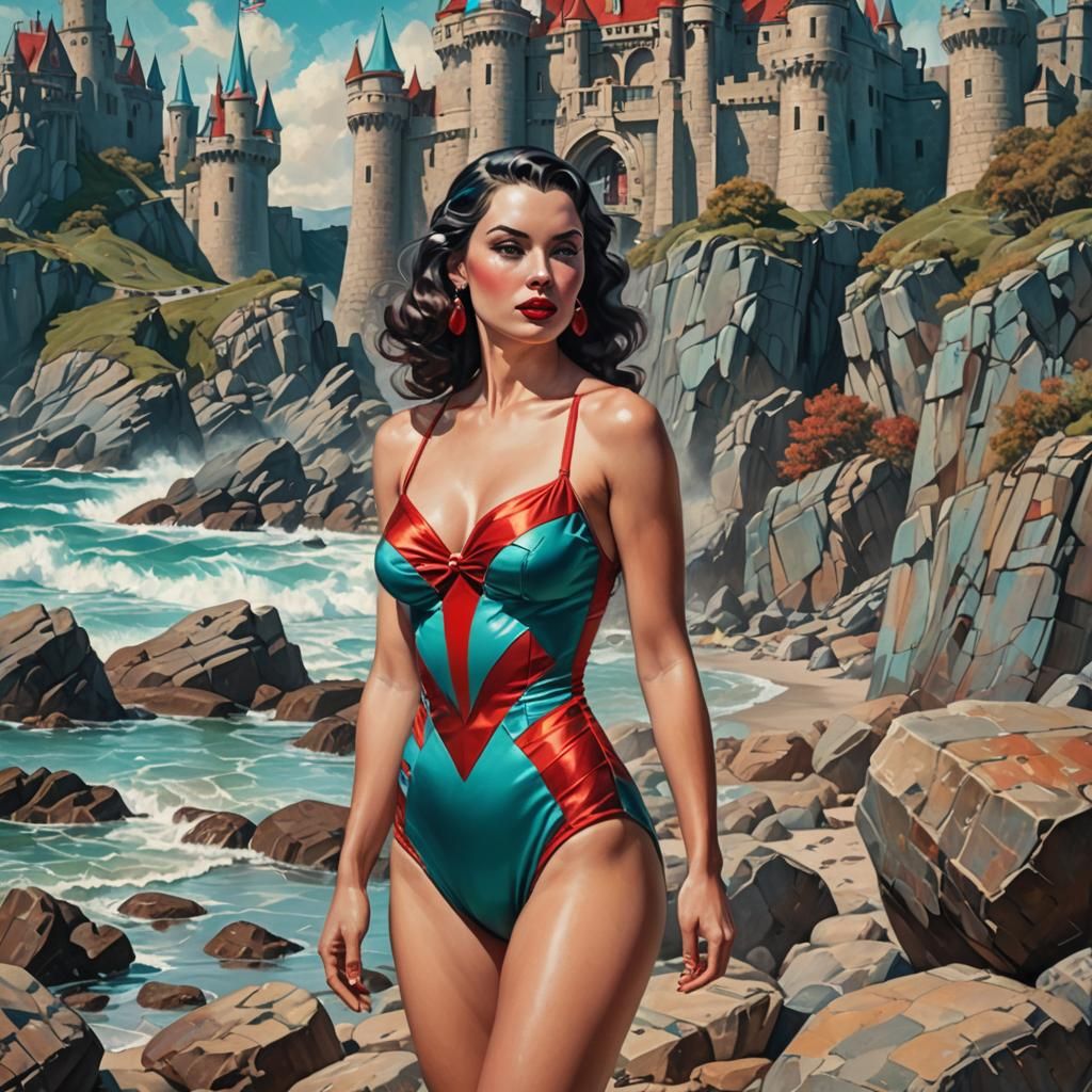 Hyperrealistic Pin-Up Girl on Rocky Beach