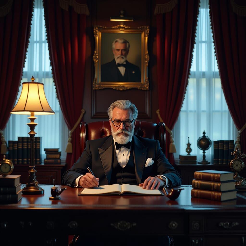 Millionaire's Study: Hyperrealistic Portrait in Dim Light